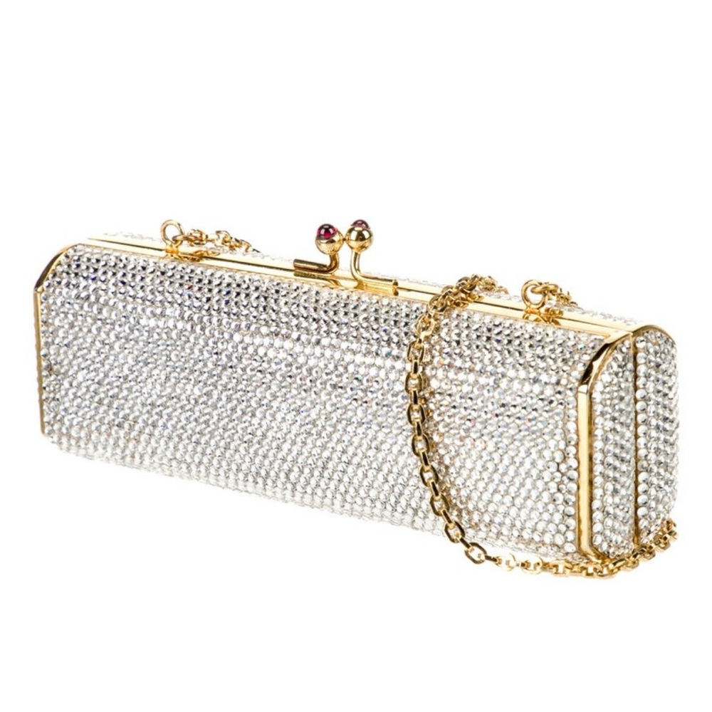 Judith Leiber Crystal Minaudière Clutch with Gold Chain